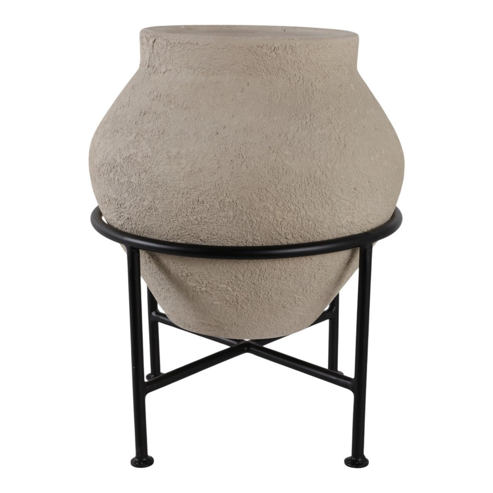 Ivory Terracota Urn Pot on Black Metal Stand | Textured Pottery | 17 Inch