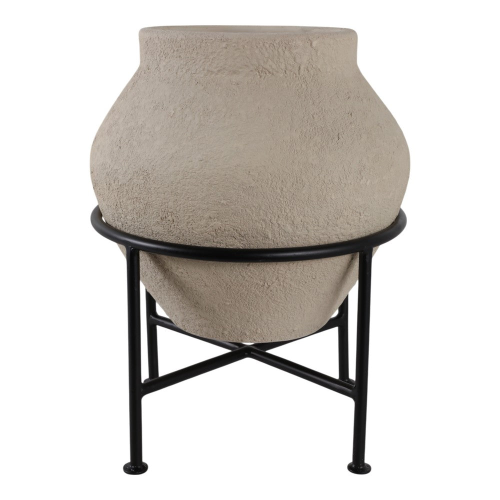 Ivory Terracota Urn Pot on Black Metal Stand | Textured Pottery | 17 Inch