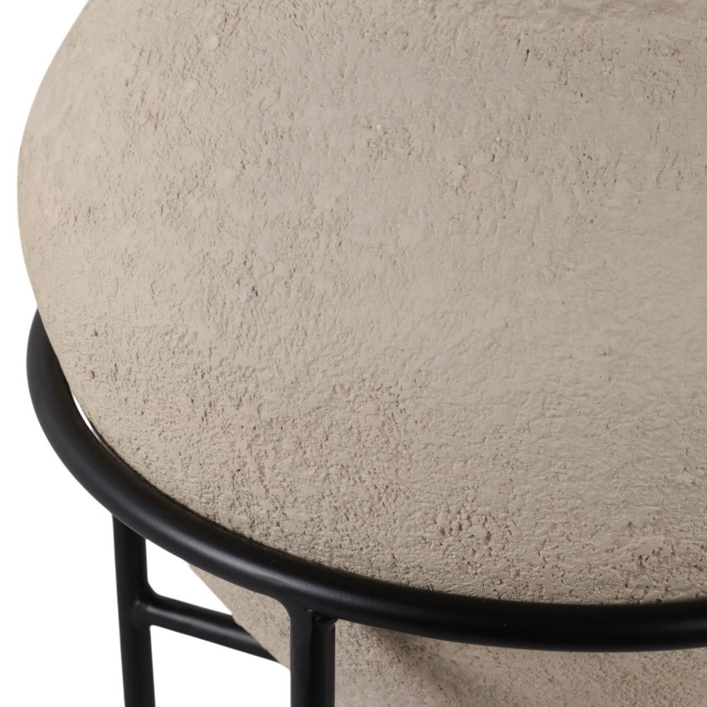 Ivory Terracota Urn Pot on Black Metal Stand | Textured Pottery | 17 Inch