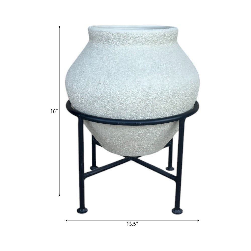 Ivory Terracota Urn Pot on Black Metal Stand | Textured Pottery | 17 Inch
