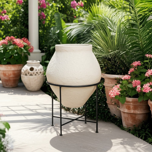 Decorative Flower Planter Pot in a Black Metal Stand | Ivory Terracotta