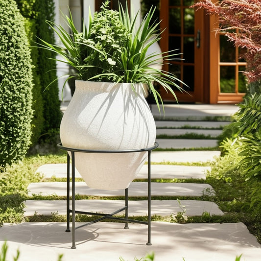 Decorative Flower Planter Pot in a Black Metal Stand | Ivory Terracotta