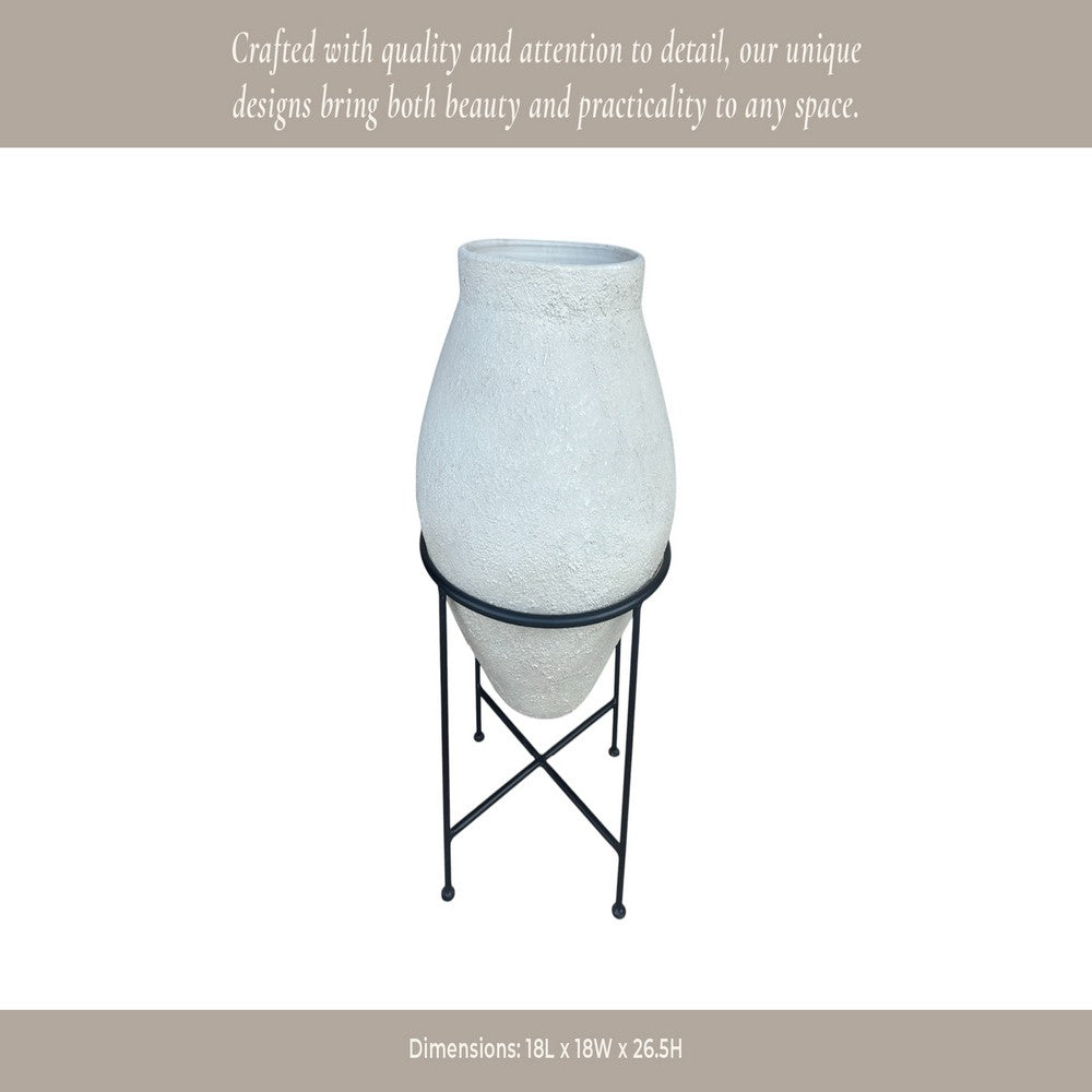 Decorative Flower Planter Pot in a Black Metal Stand | Ivory Terracotta