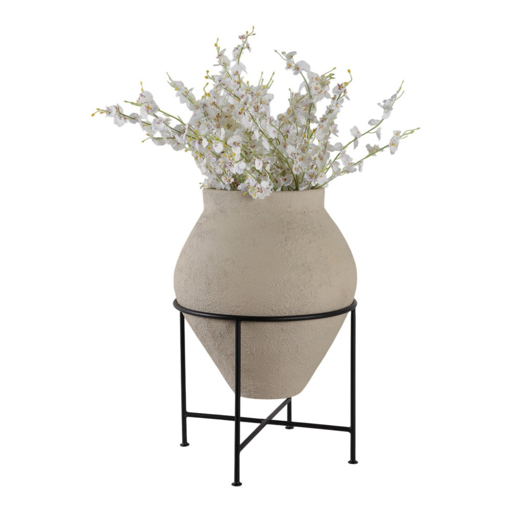 Decorative Flower Planter Pot in a Black Metal Stand | Ivory Terracotta