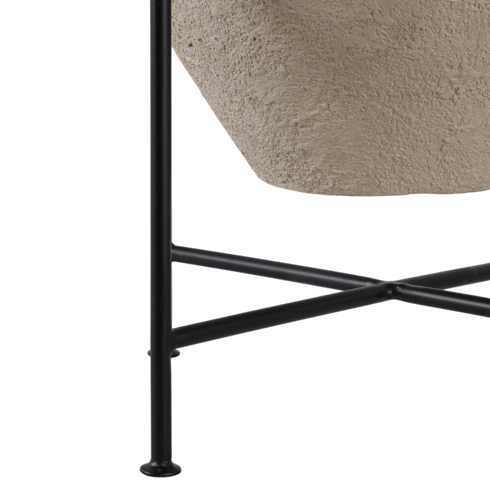 Decorative Flower Planter Pot in a Black Metal Stand | Ivory Terracotta