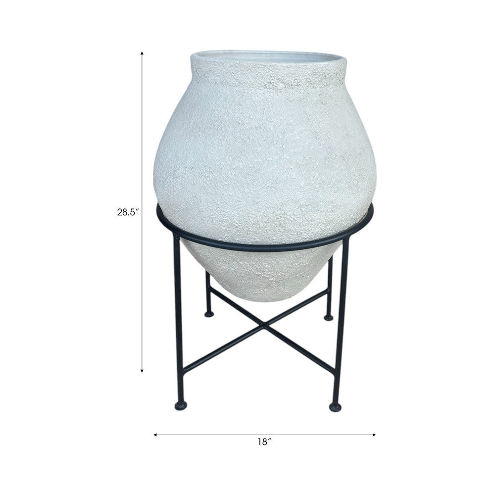 Decorative Flower Planter Pot in a Black Metal Stand | Ivory Terracotta