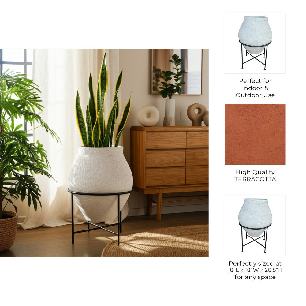 Decorative Flower Planter Pot in a Black Metal Stand | Ivory Terracotta