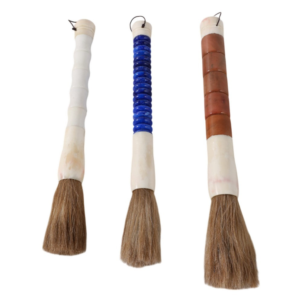 Decorative Set of 3 Jade Style Calligraphy Brushes | Stone Ivory Blue Brown