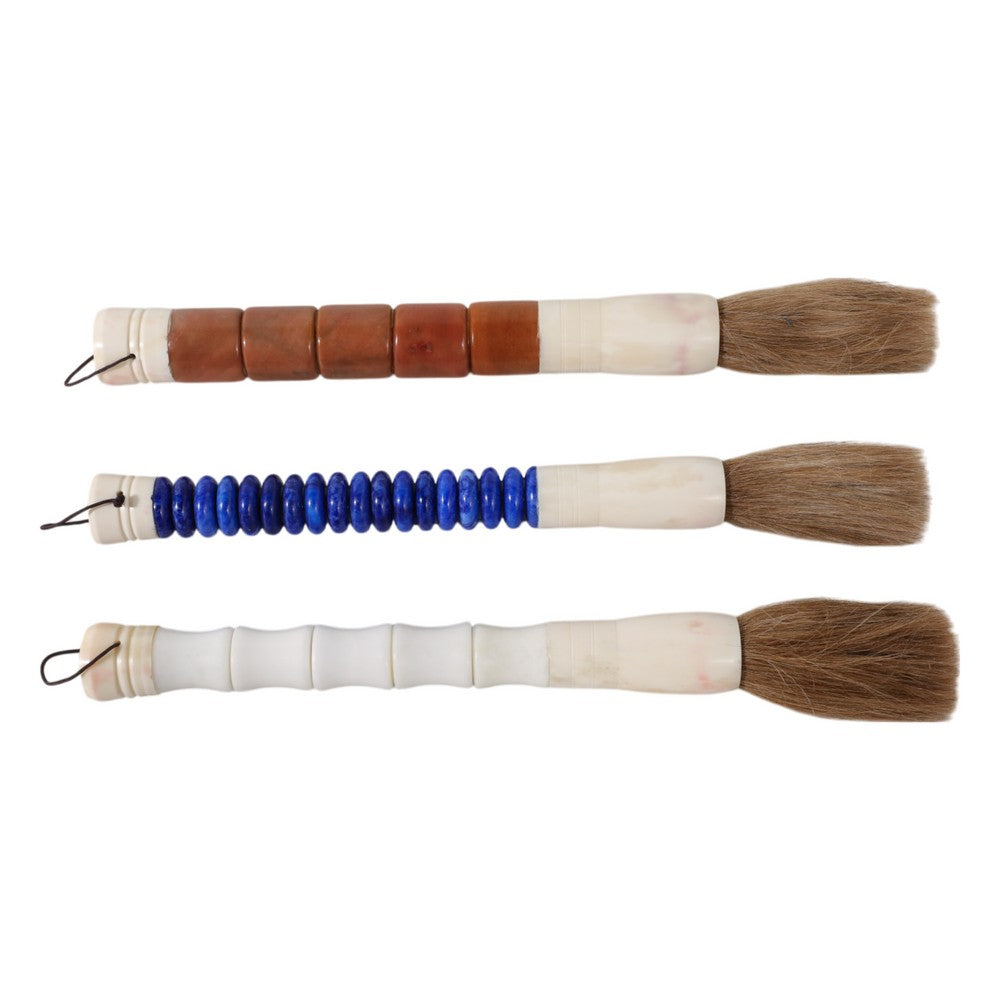 Decorative Set of 3 Jade Style Calligraphy Brushes | Stone Ivory Blue Brown
