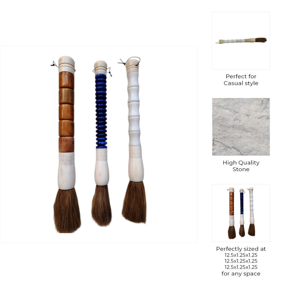 Decorative Set of 3 Jade Style Calligraphy Brushes | Stone Ivory Blue Brown