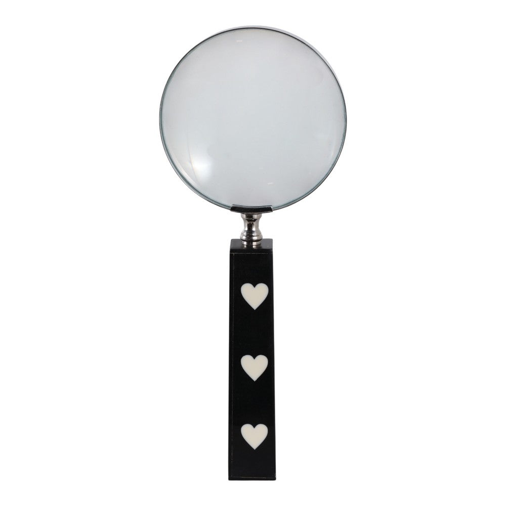 Edara Decorative Magnifying Glass | White Heart Inlays | Black Resin 10"