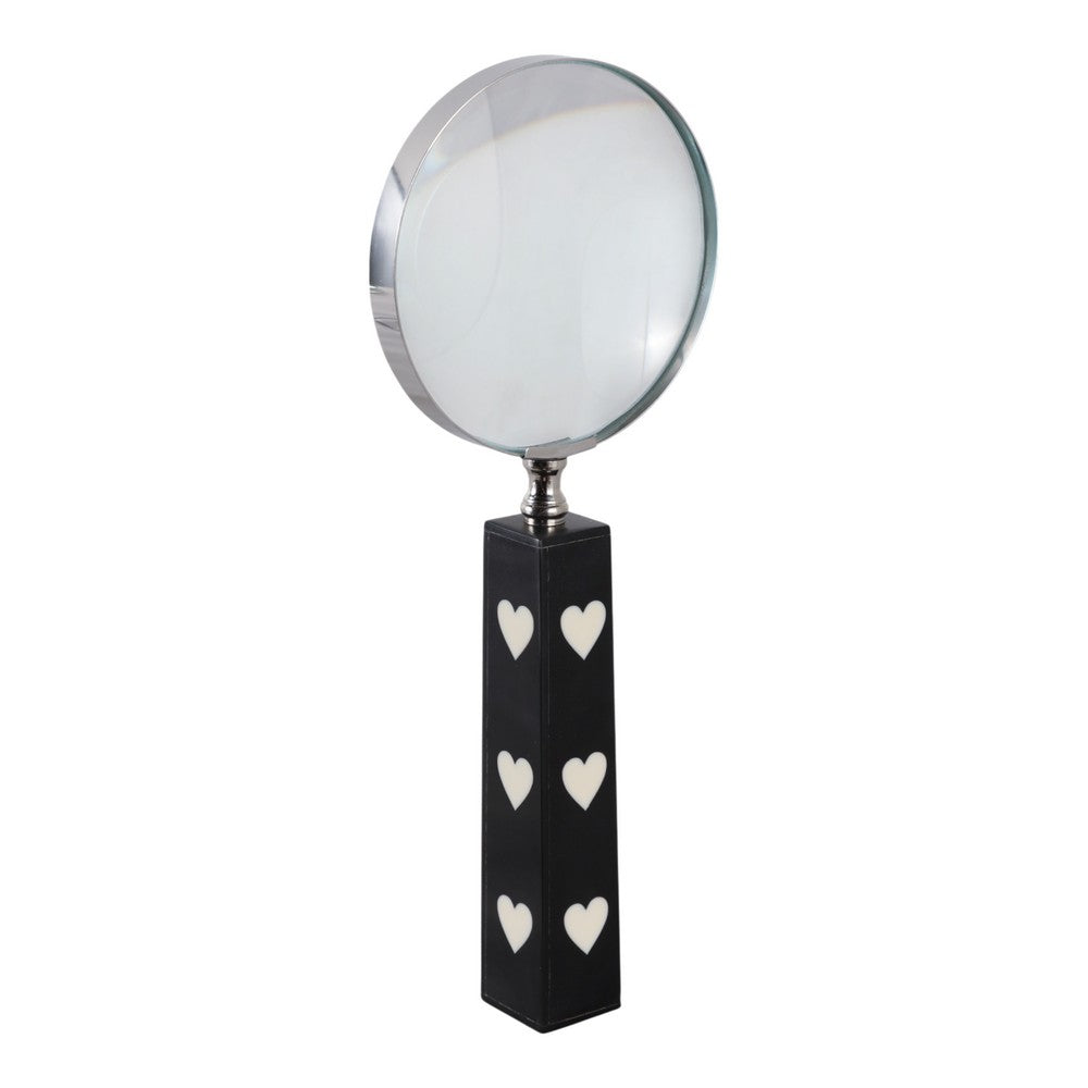 Edara Decorative Magnifying Glass | White Heart Inlays | Black Resin 10"