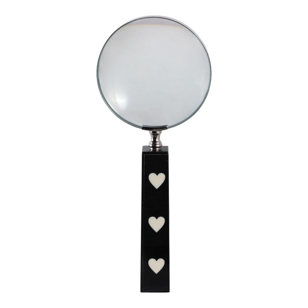 Edara Decorative Magnifying Glass | White Heart Inlays | Black Resin 10"