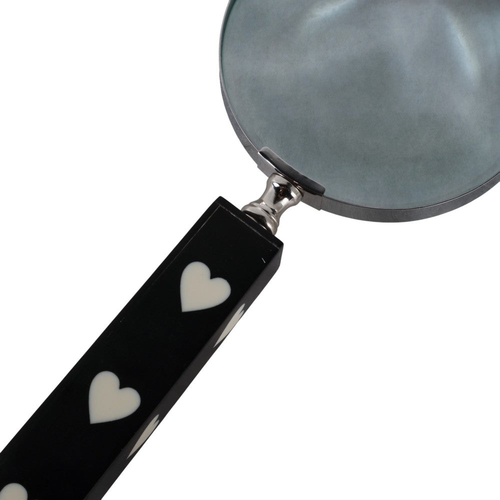 Edara Decorative Magnifying Glass | White Heart Inlays | Black Resin 10"
