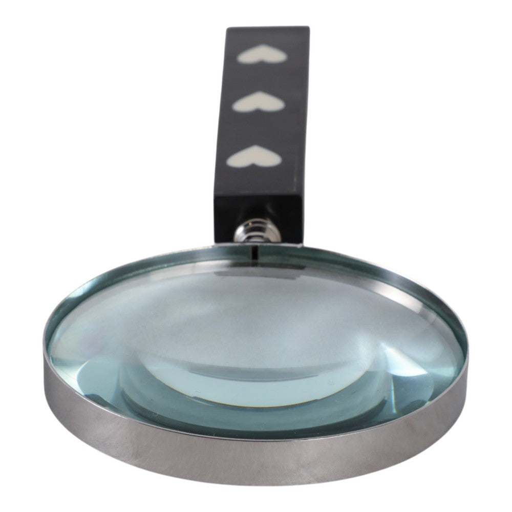 Edara Decorative Magnifying Glass | White Heart Inlays | Black Resin 10"