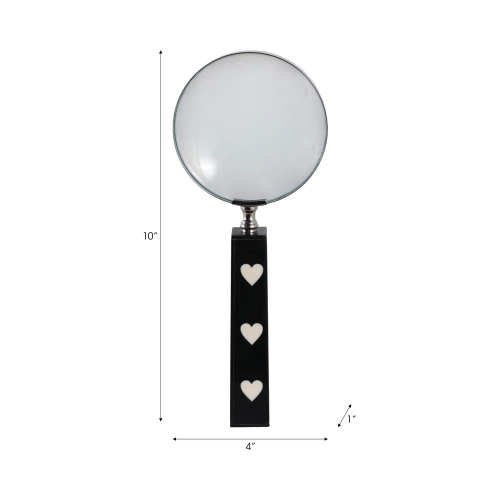 Edara Decorative Magnifying Glass | White Heart Inlays | Black Resin 10"