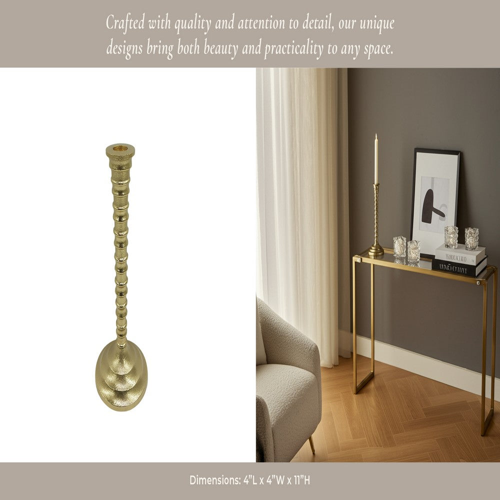 Decorative Taper Candle Holder | Classic Gold Metal Stacked Design 11"