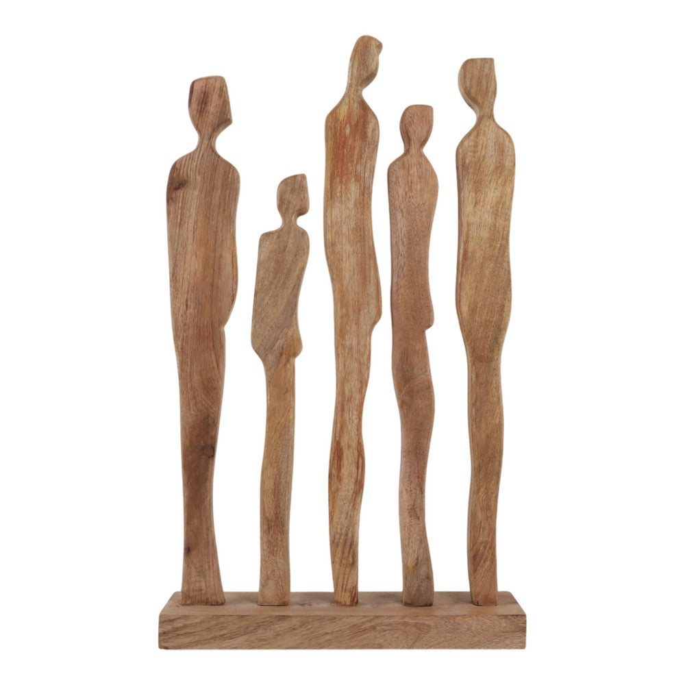 Decorative Sculpture | Standing Human Figures on Base | Natural Brown Wood
