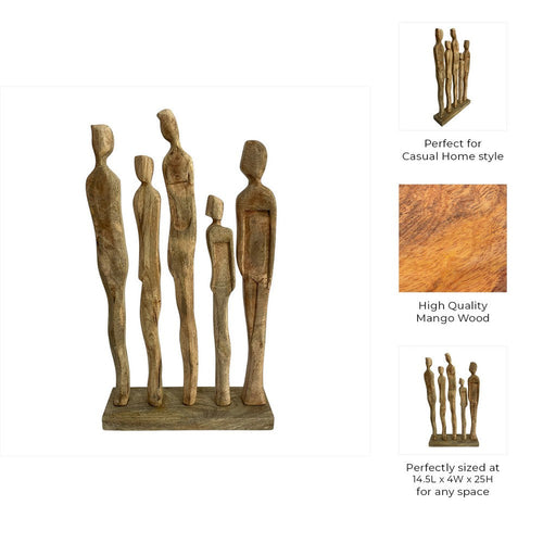 Decorative Sculpture | Standing Human Figures on Base | Natural Brown Wood