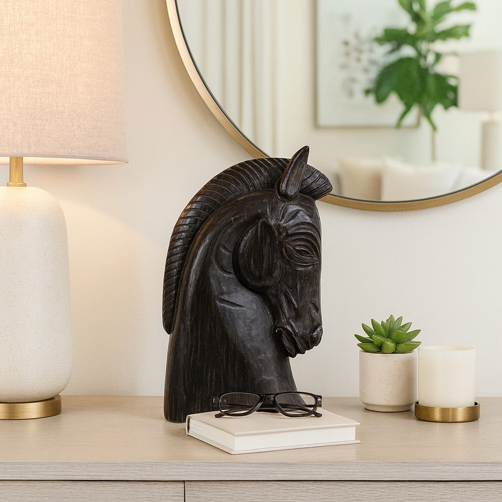 Elegant Trojan Horse Head Figurine | Antique Style Black Wood | 16"