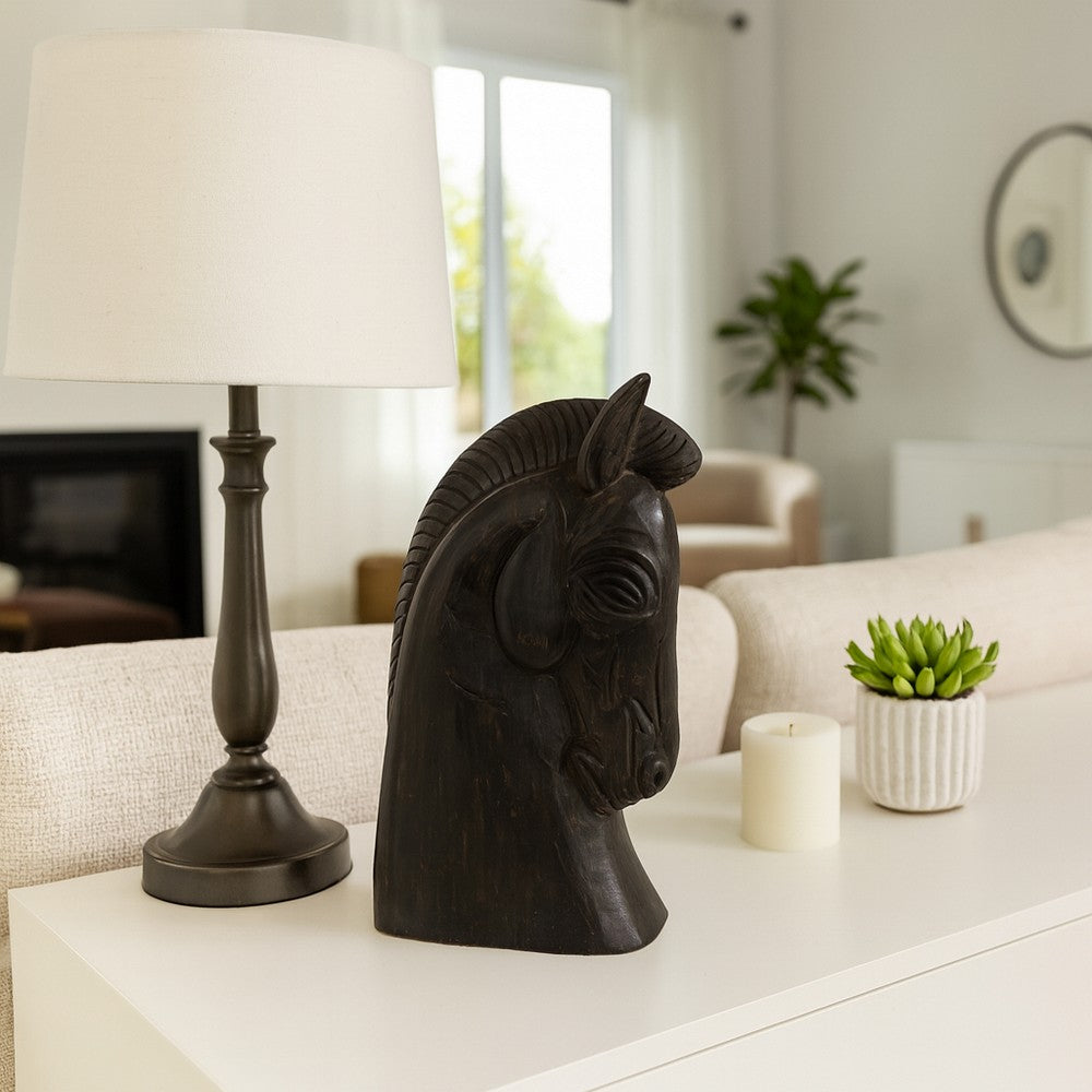 Elegant Trojan Horse Head Figurine | Antique Style Black Wood | 16"