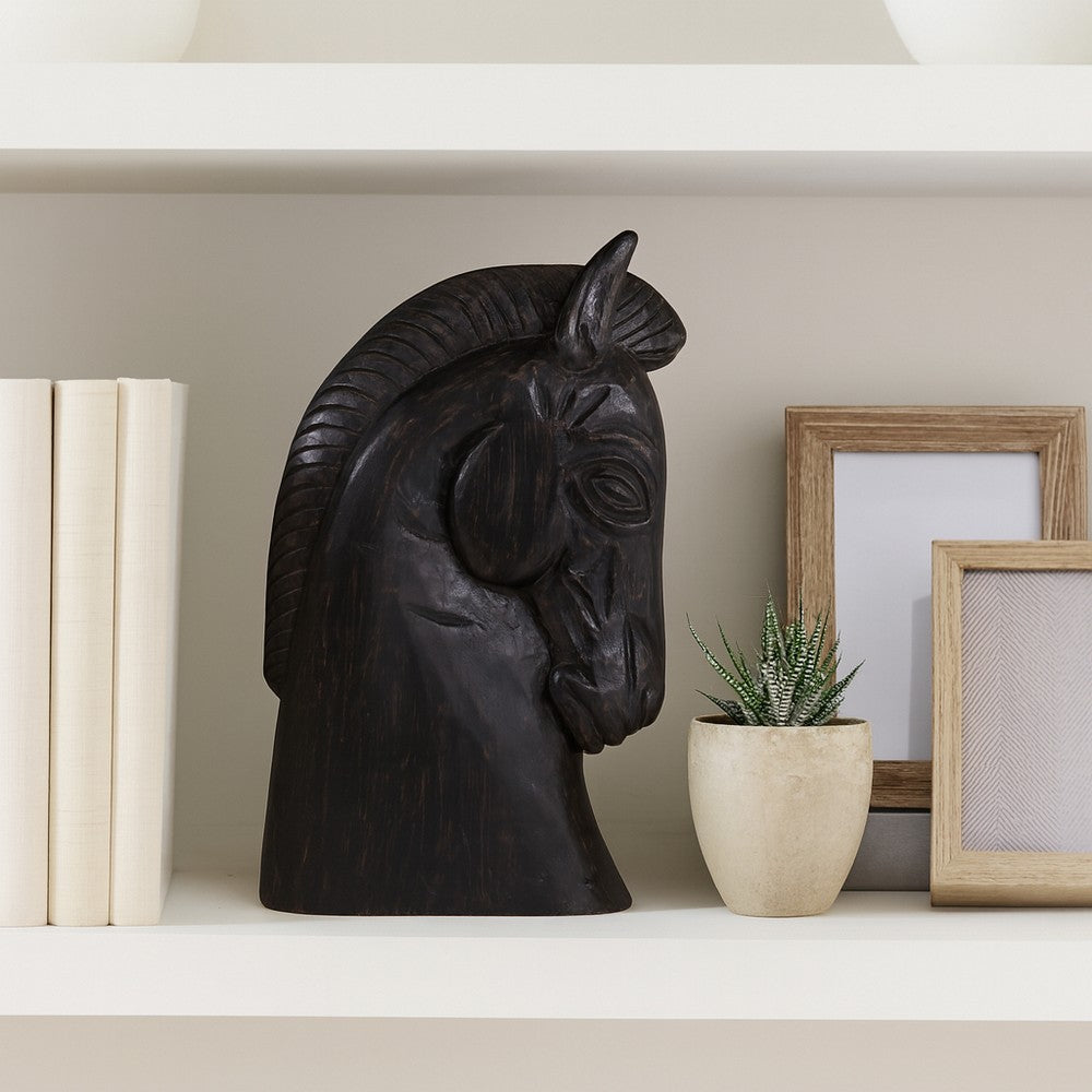 Elegant Trojan Horse Head Figurine | Antique Style Black Wood | 16"