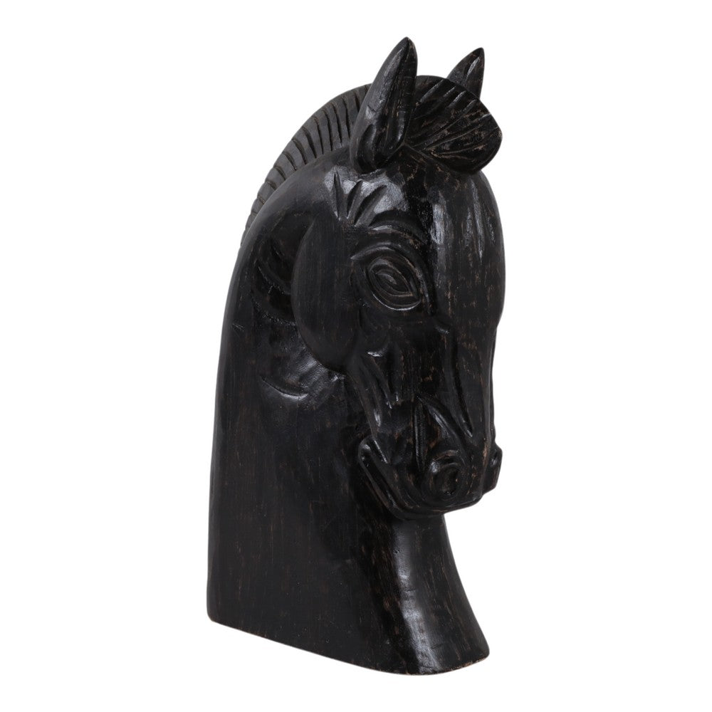 Elegant Trojan Horse Head Figurine | Antique Style Black Wood | 16"