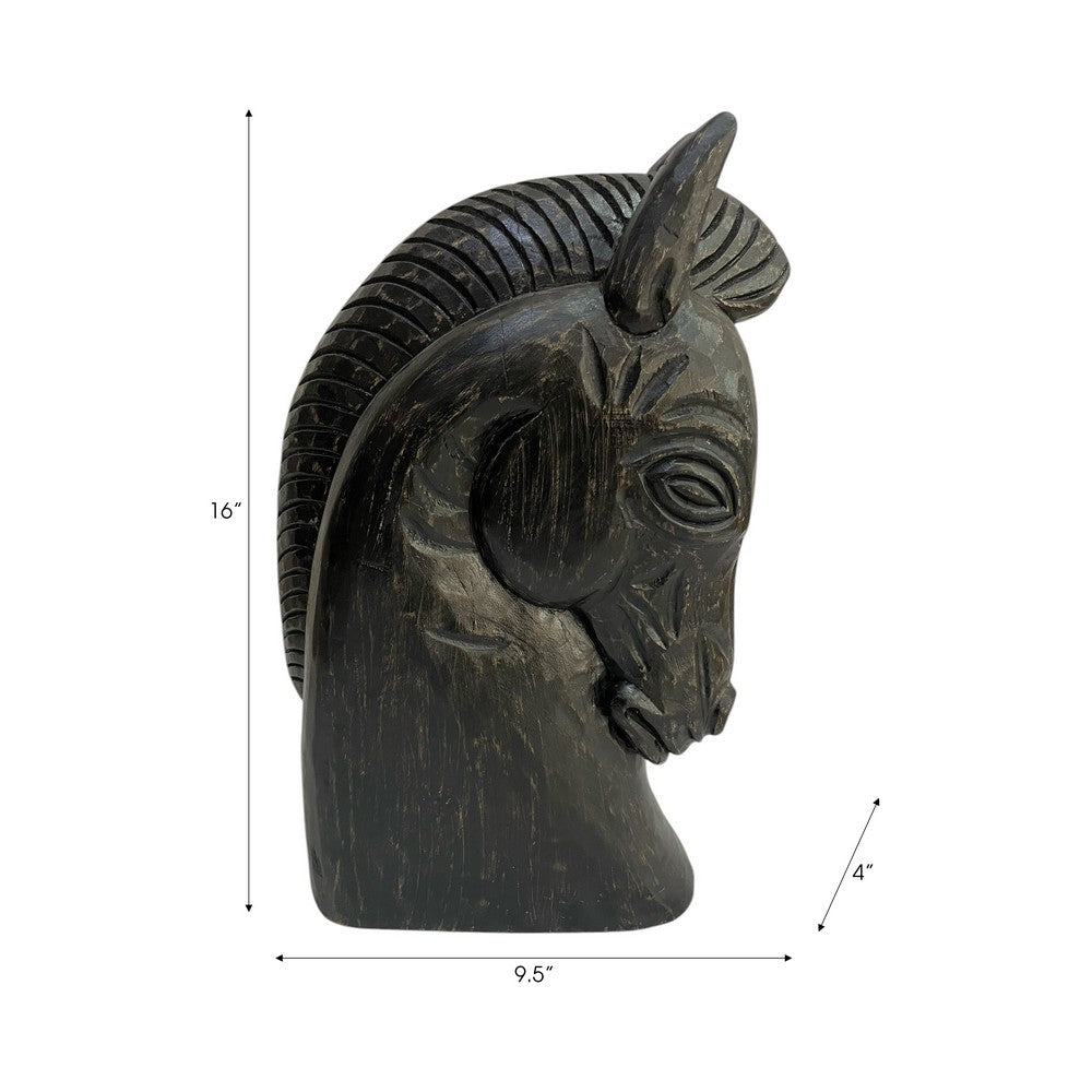 Elegant Trojan Horse Head Figurine | Antique Style Black Wood | 16"