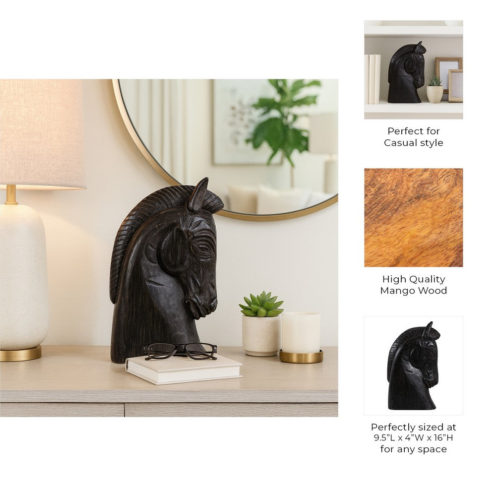Elegant Trojan Horse Head Figurine | Antique Style Black Wood | 16"