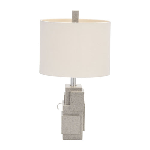 Table Lamp | Gray Sculpted Block Base | Large Cream Drum Shade | 22"