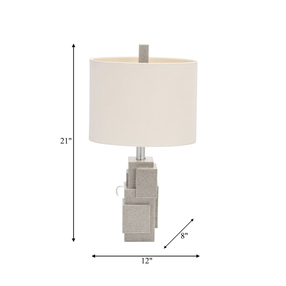 Table Lamp | Gray Sculpted Block Base | Large Cream Drum Shade | 22"