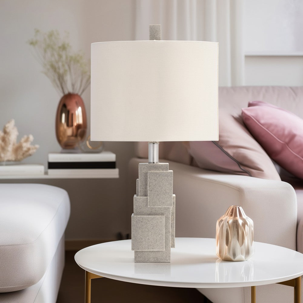 Table Lamp | Gray Sculpted Block Base | Large Cream Drum Shade | 22"