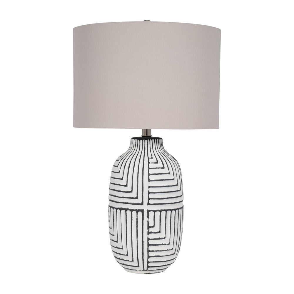 Accent Table Lamp | 26" White Drum Shade | Tribal Textured Ceramic