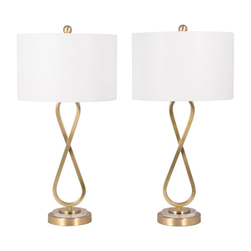 Table Lamp Set of 2 | White Drum Shades | Glam Gold Metal Infinity Bases