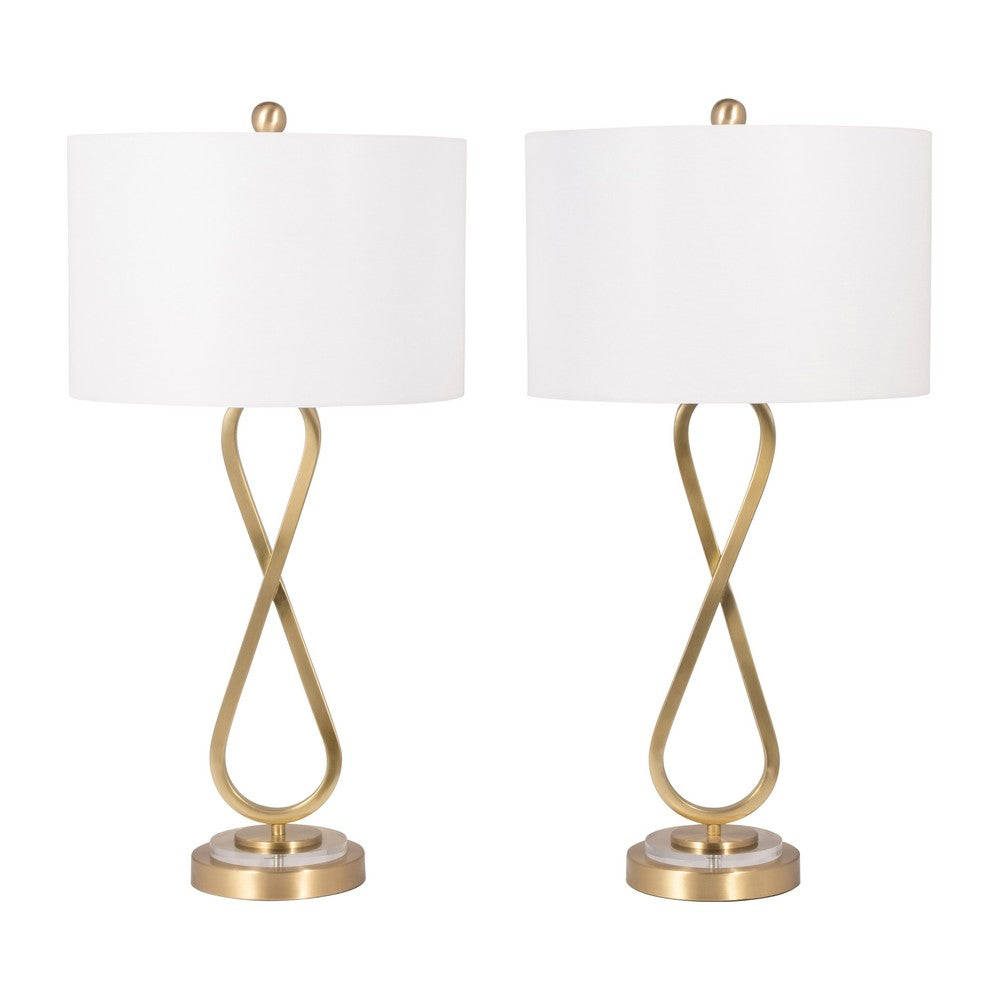 Table Lamp Set of 2 | White Drum Shades | Glam Gold Metal Infinity Bases