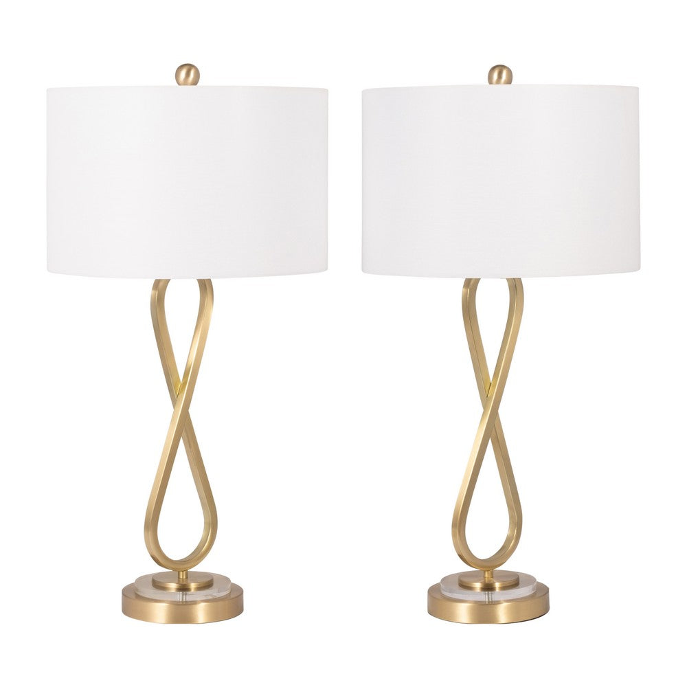 Table Lamp Set of 2 | White Drum Shades | Glam Gold Metal Infinity Bases