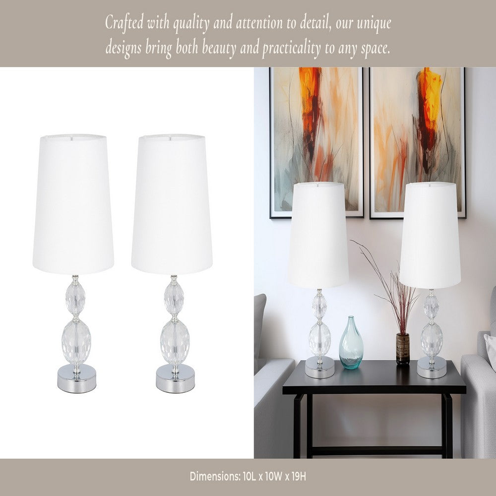Accent Table Lamp Set of 2 | White Drum Shade | Faceted Crystal Base