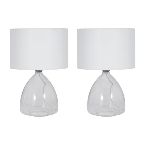Table Lamp Set of 2 | Clear Glass Base | Minimalist White Linen Drum Shade