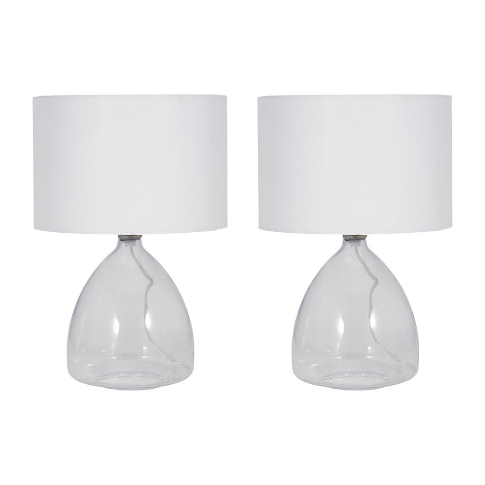 Table Lamp Set of 2 | Clear Glass Base | Minimalist White Linen Drum Shade
