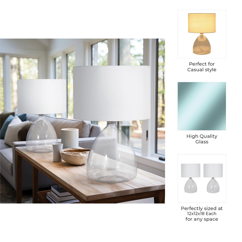 Table Lamp Set of 2 | Clear Glass Base | Minimalist White Linen Drum Shade