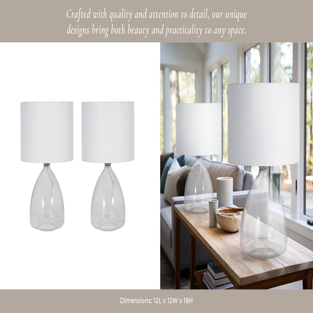 Table Lamp Set of 2 | Clear Glass Base | Minimalist White Linen Drum Shade