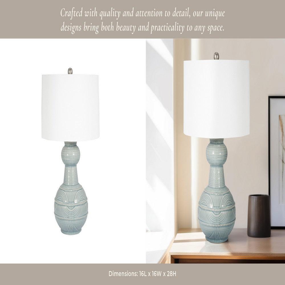 Stevia Bottle Table Lamp | Off-White Linen Shade | Blue Ceramic 28"