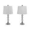 Table Lamp Set of 2 | White Linen Shade | Crystal Candlestick | Silver