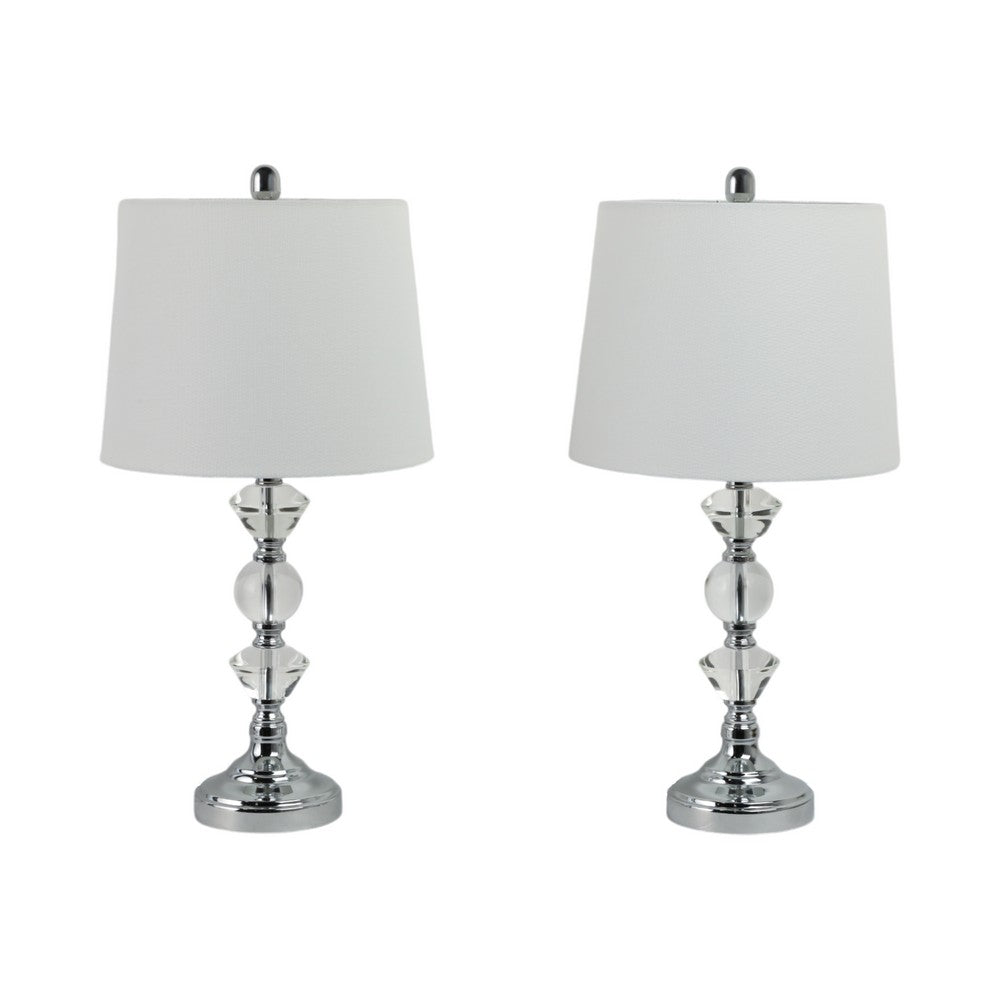 Table Lamp Set of 2 | White Linen Shade | Crystal Candlestick | Silver