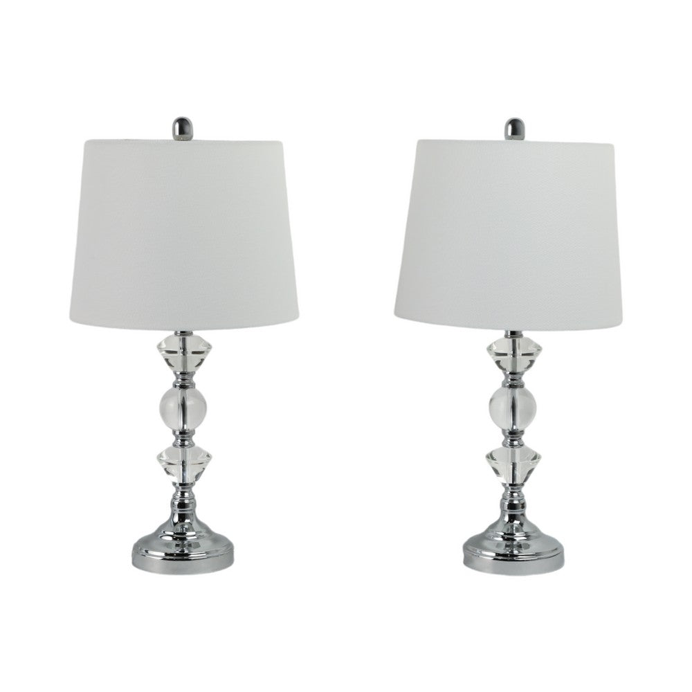 Table Lamp Set of 2 | White Linen Shade | Crystal Candlestick | Silver