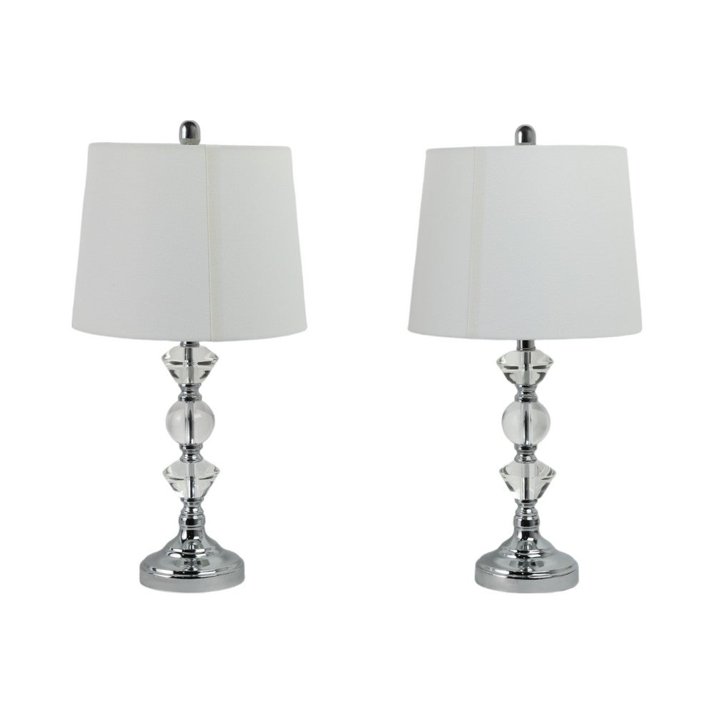Table Lamp Set of 2 | White Linen Shade | Crystal Candlestick | Silver
