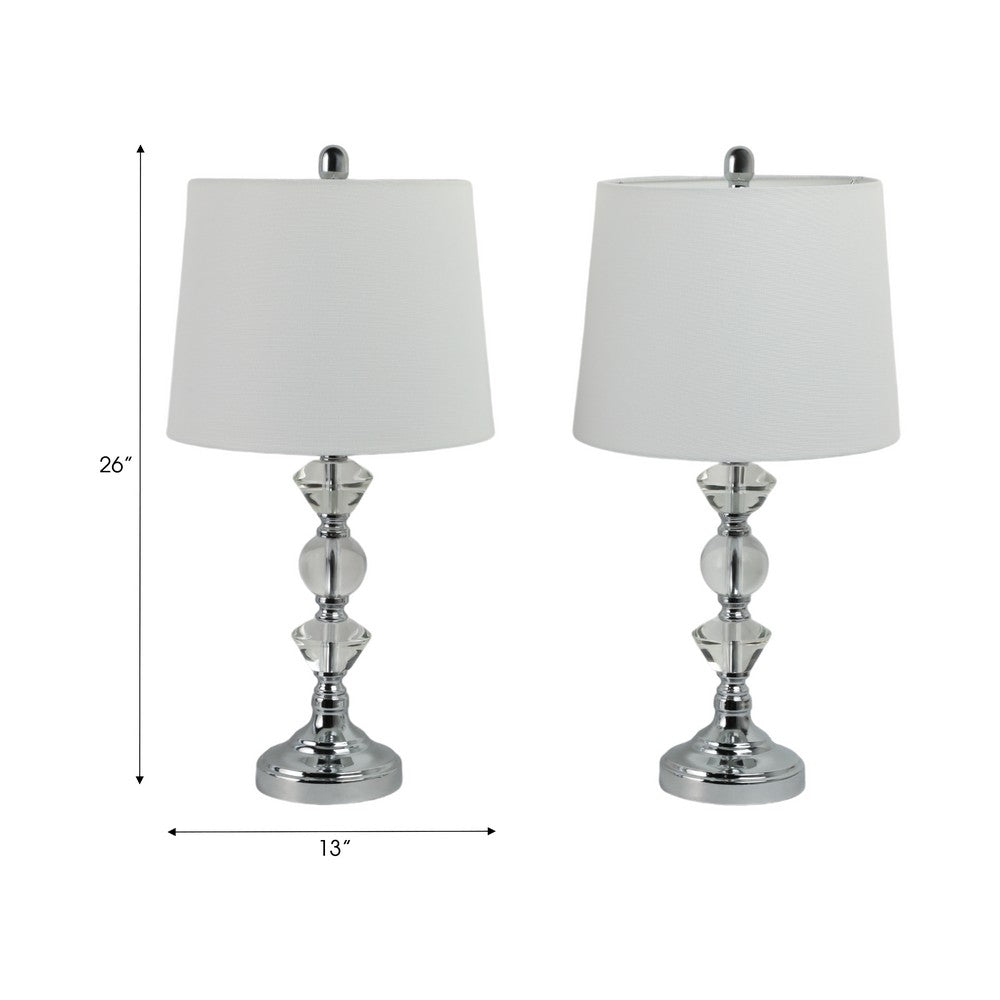 Table Lamp Set of 2 | White Linen Shade | Crystal Candlestick | Silver