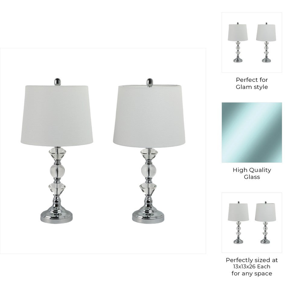 Table Lamp Set of 2 | White Linen Shade | Crystal Candlestick | Silver