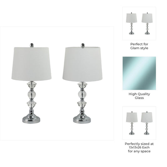 Table Lamp Set of 2 | White Linen Shade | Crystal Candlestick | Silver