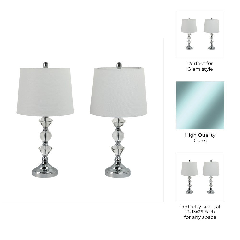 Table Lamp Set of 2 | White Linen Shade | Crystal Candlestick | Silver